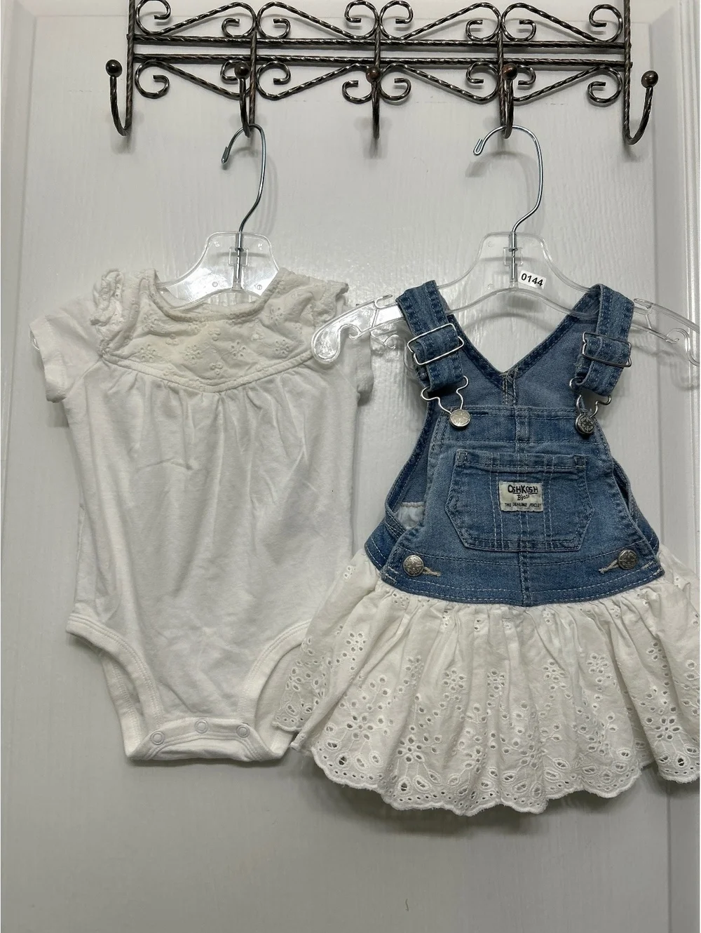 OshKosh B'gosh Baby Girl 6M White Bodysuit and Denim Skirt Overall Dress Set